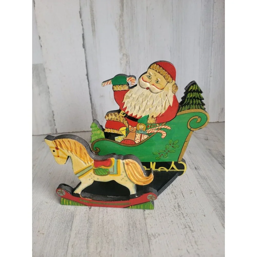 Vintage Santa Claus sleigh card napkin holder horse‎ Xmas figure